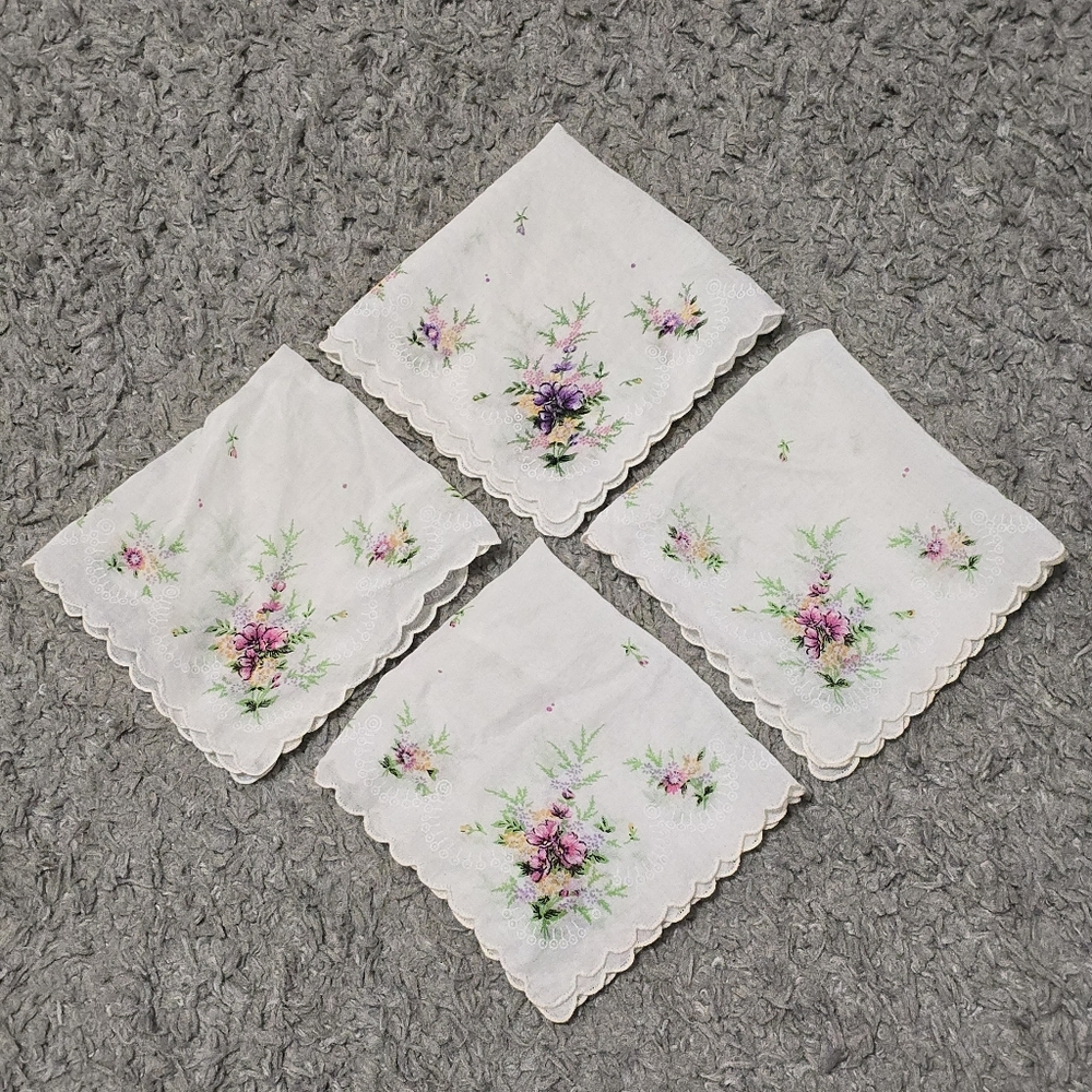 VTG Floral Handkerchief Lot Hankies Set of 4 White w/ Purple Pink Yellow Flowers